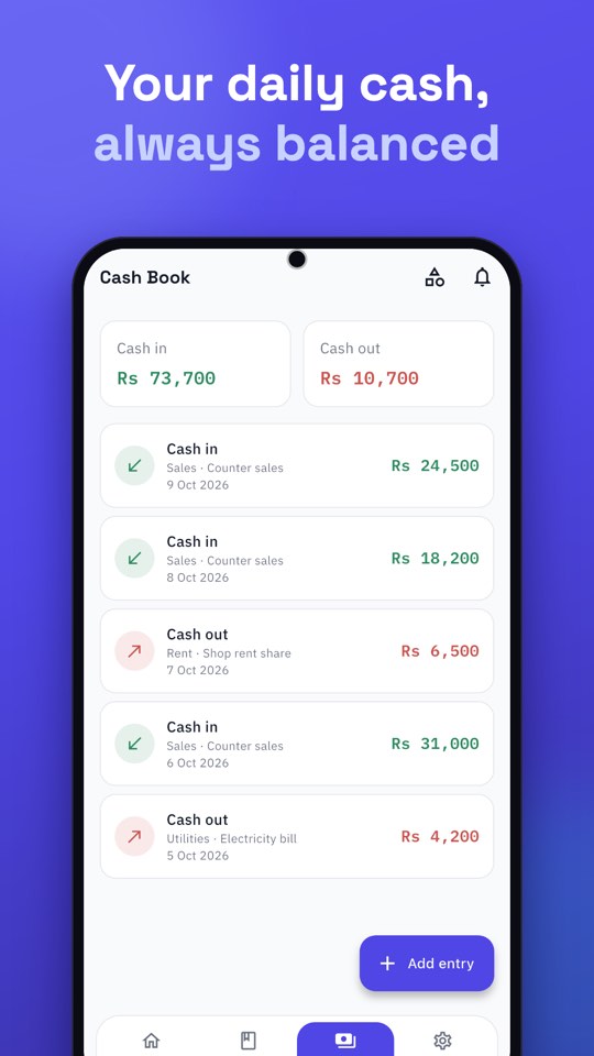 Your daily cash, always balanced: Cash Book